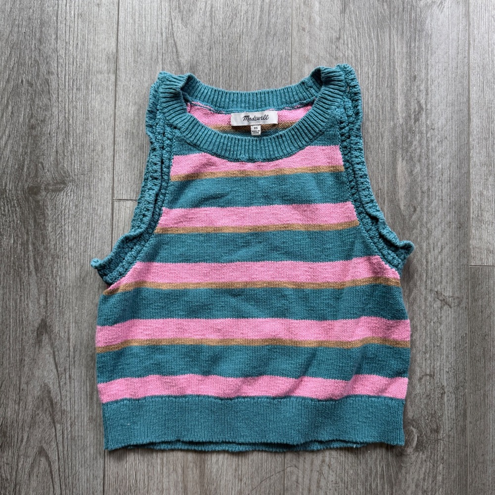 Madewell Womens XS Striped Cotton Sweater Vest Cropped Knit Ruffle Trim